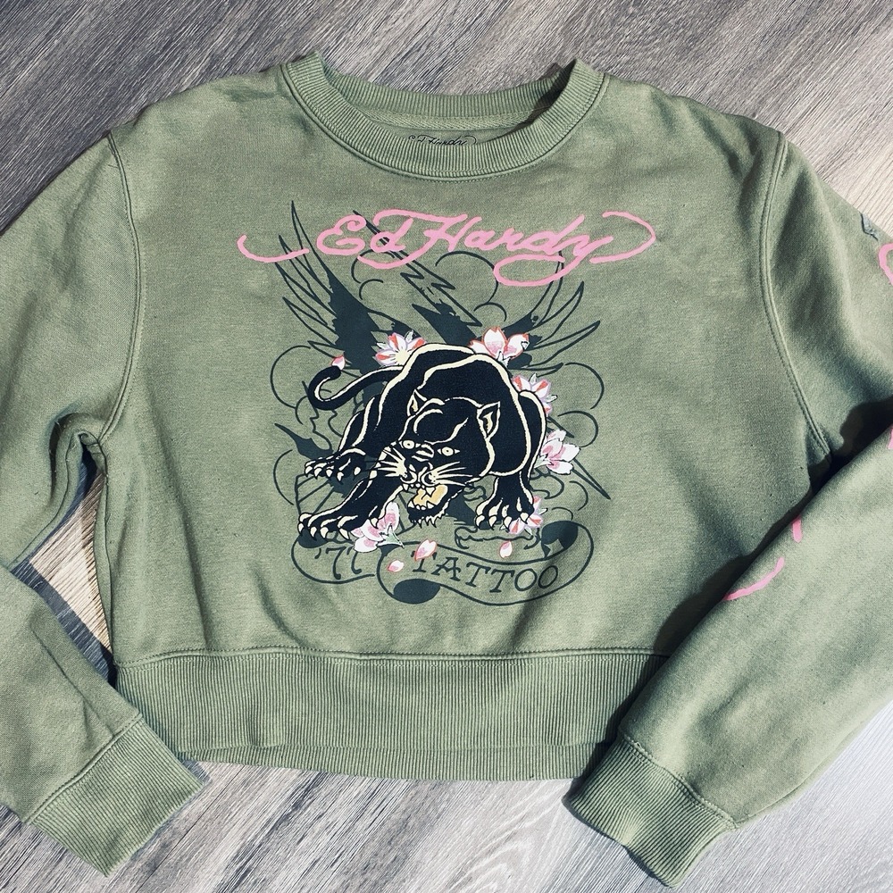 Ed Hardy Tattoo Panther Graphic Cropped Sweatshirt Women's Medium Green Pink Y2K